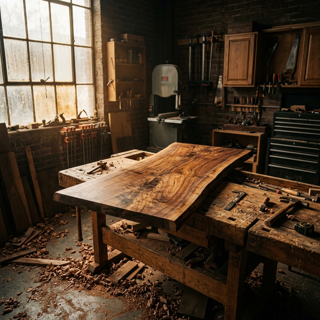 Live-edge walnut slab in a moody artisan workshop