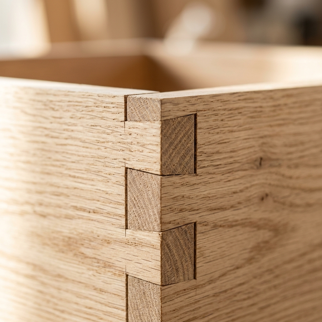 Close-up of precision dovetail joinery