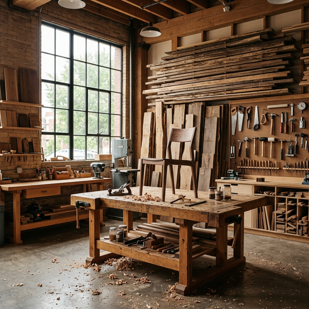Modern woodworking workshop with natural light